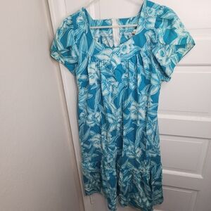 Vintage 80s Royal Creations Hawaii Blue Tropical Print Mumu Caftan Dress Medium